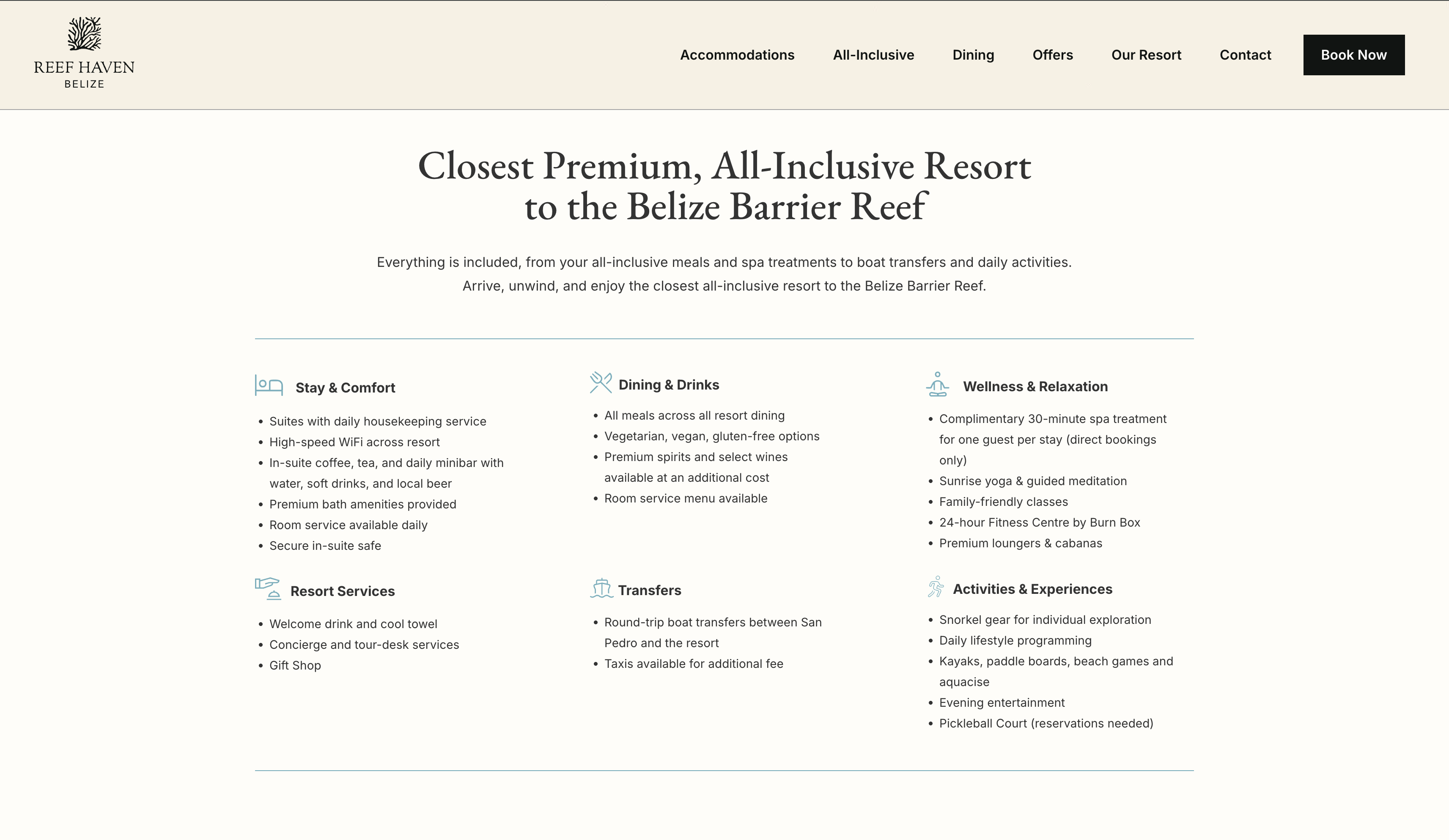 Reef Haven Belize — All-Inclusive amenities page