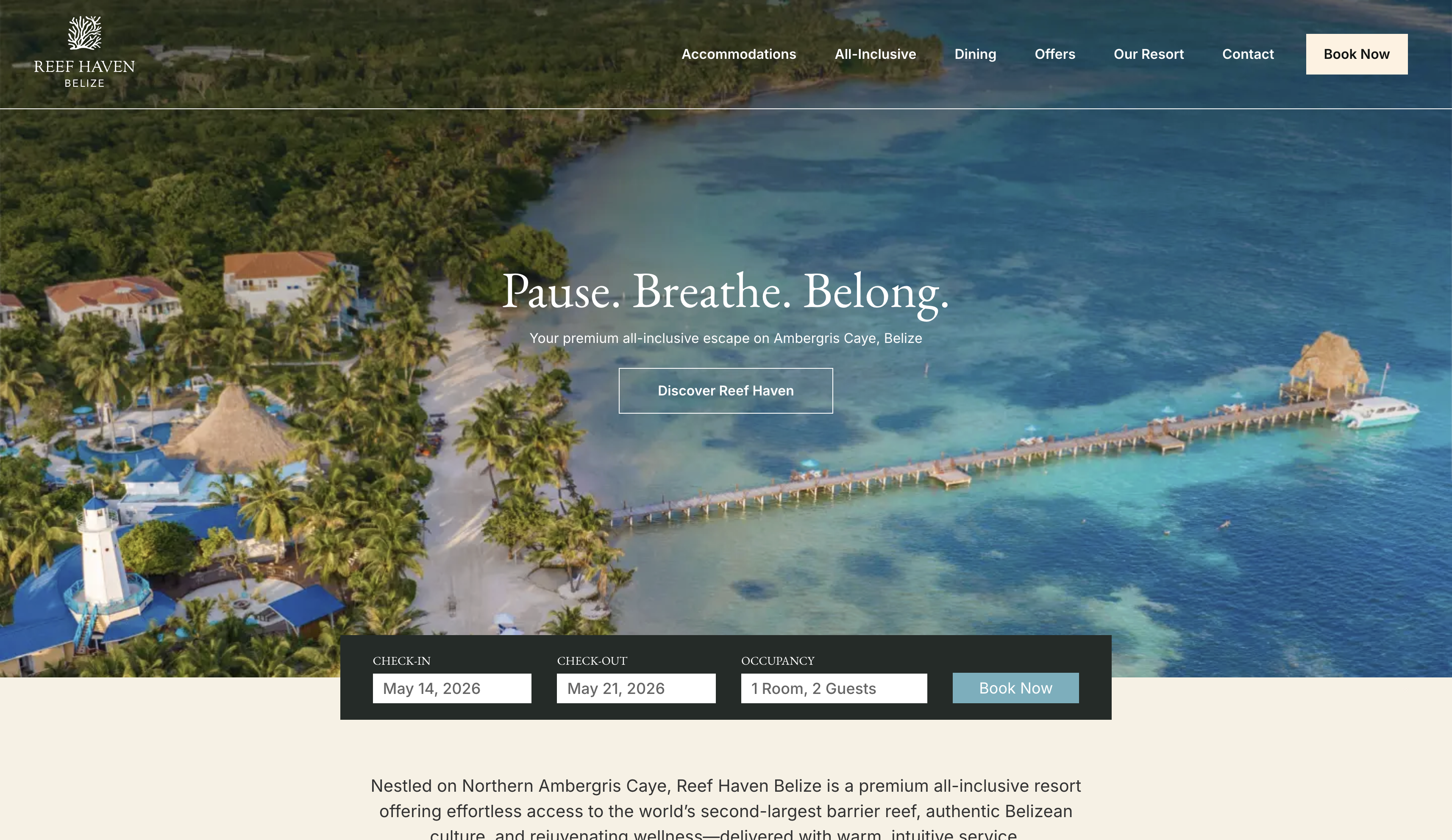 Reef Haven Belize — Website homepage with booking experience